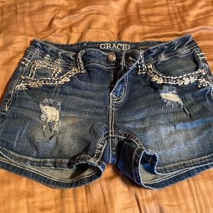 Grace in LA Thick Stitch Embellished Denim Jean Shorts